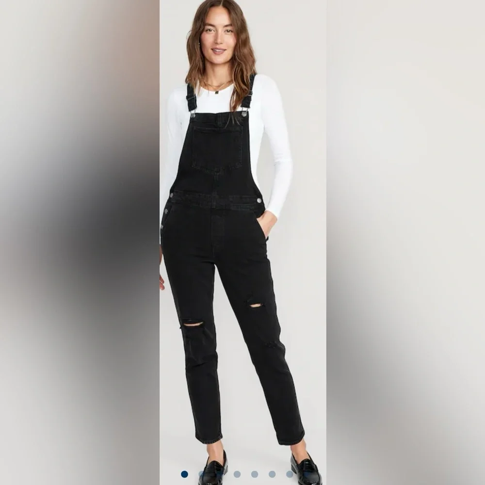 Old Navy OG Straight Black Wash Ripped Jean Overalls